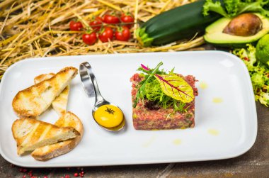 Taze tartar malzemeler ve arka plan üzerinde saman ile çiğ yumurta sarısı ve ekmek parçaları ile beyaz tabakta servis