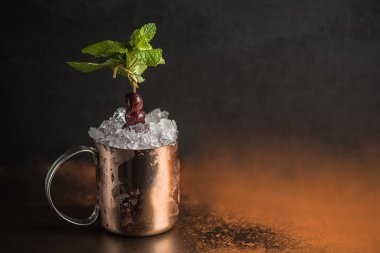 Nane yaprakları ve meyveleri koyu arka plan üzerinde metal kupa kokteyl süslenmiş