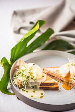Lezzetli sandviçler arka plan üzerinde yeşil yaprak ile plaka üzerinde haşlanmış yumurta ile süslenmiş