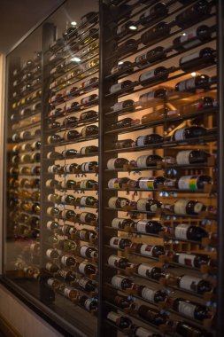 Evin içi, restoran. Şarap şişelerinin duvarı. Vitrin