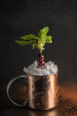 Nane yaprakları ve meyveleri koyu arka plan üzerinde metal kupa kokteyl süslenmiş