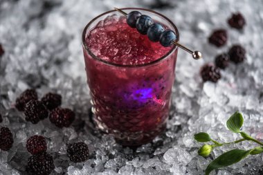 Stick buz ile koyu arka plan üzerinde yaban mersini taze kokteyl cam süslenmiş