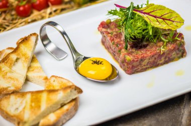 Taze tartar malzemeler ve arka plan üzerinde saman ile çiğ yumurta sarısı ve ekmek parçaları ile beyaz tabakta servis