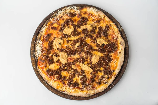Pizza Avec Viande Gros Plan Nourriture Italienne Saine Vue Dessus — Photo