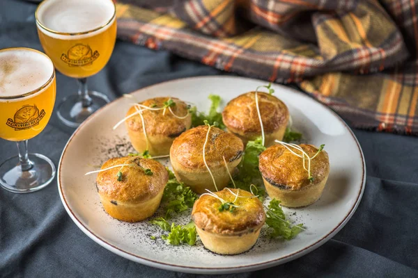 Savory Pastry Snack Plate Tablecloth Glass Beer — Stock Photo, Image