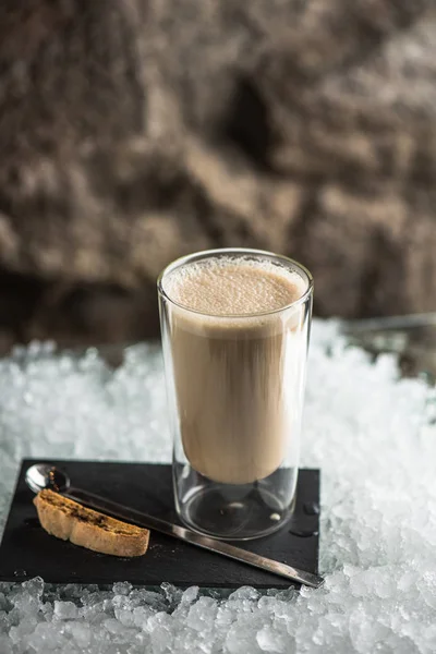 Frappe Coffee Drink Glass Served Slate Biscotti Ice — Stock Photo, Image