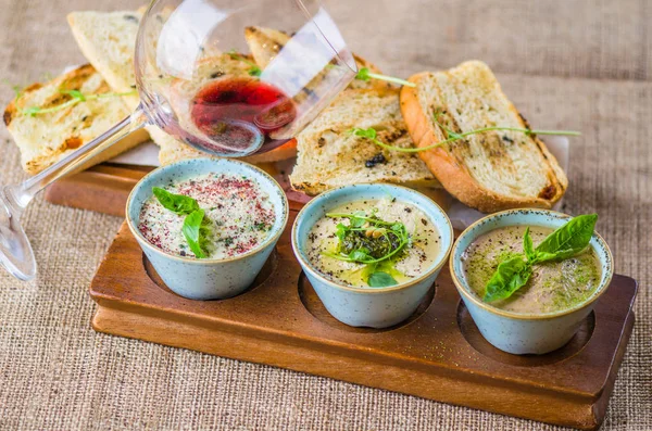 Different Vegetable Dips Bowl Wooden Board Bread — Stock Photo, Image