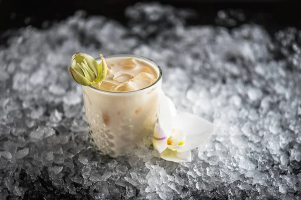 Cocktail Serverad Glas Mörk Bakgrund Med Och Orkidé Blomma — Stockfoto