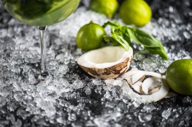 fesleğen, limon ve cam buz ve malzemeler ile koyu arka plan üzerine Hindistan cevizi ile kokteyl detayını