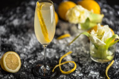 Buz ile koyu arka planda limon suyu ile cam kokteyl