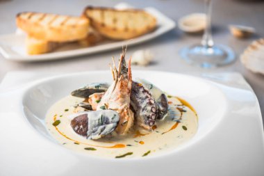 Krema sosu ile deniz ürünleri yemek Restoran beyaz tabakta servis