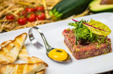 Taze tartar malzemeler ve arka plan üzerinde saman ile çiğ yumurta sarısı ve ekmek parçaları ile beyaz tabakta servis