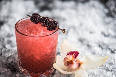 Kokteyl cam buz ile koyu arka plan üzerinde böğürtlen ile dekore edilmiş