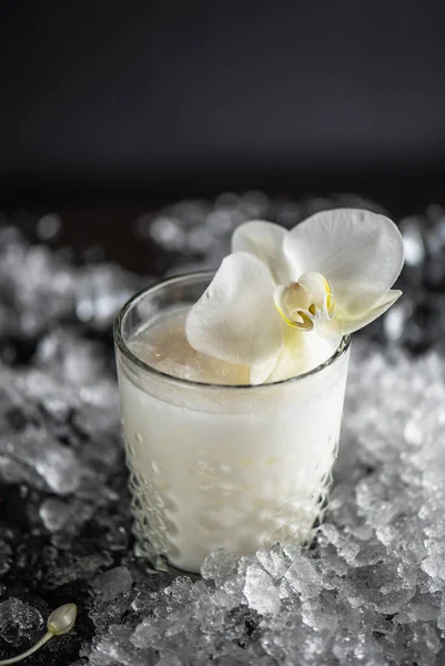 Cocktail Glass Decorated Orchid Flowers Dark Background Ice — Stock Photo, Image