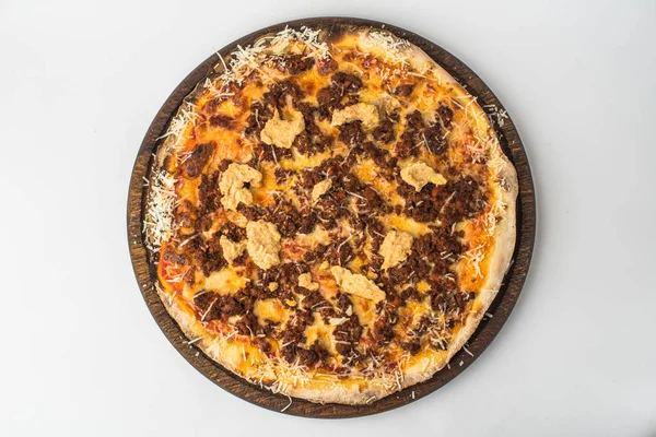 Pizza Com Carne Perto Comida Italiana Saudável Vista Superior — Fotografia de Stock