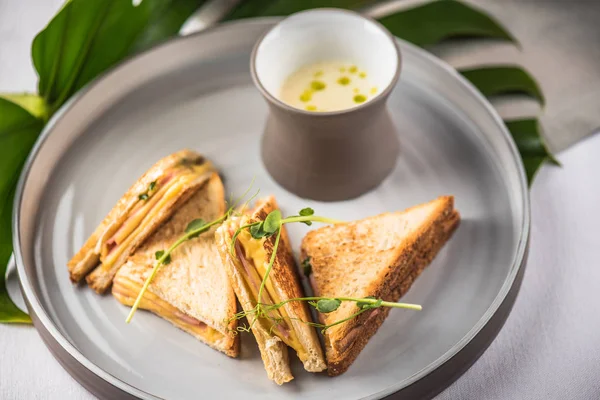 Fried Toasts Plate Cream Sauce Breakfast — Stock Photo, Image