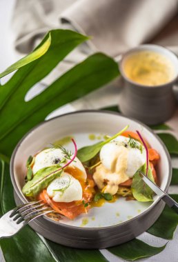Somon ve yaprak yeşil ve kahve gri tabak haşlanmış yumurta ile kahvaltı snack