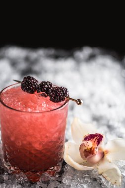 Kokteyl cam buz ile koyu arka plan üzerinde böğürtlen ile dekore edilmiş