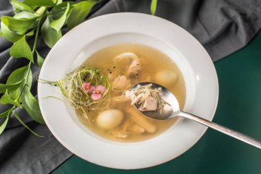 Tavuk suyu ile dekoratif yuva koyu arka plan üzerinde beyaz plaka servis