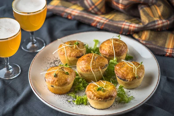 Savory Pastry Snack Plate Tablecloth Glass Beer — Stock Photo, Image