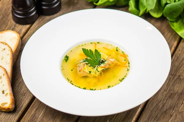 Soup Served White Plate Wooden Table — Stock Photo, Image