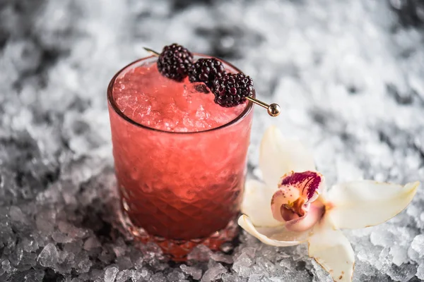 Kokteyl cam buz ile koyu arka plan üzerinde böğürtlen ile dekore edilmiş