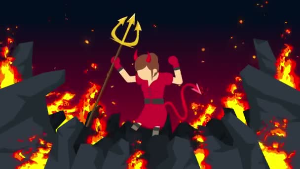 Diabo Dos Desenhos Animados Voar Inferno Personagem Negócios Selva Ardente — Vídeo de Stock