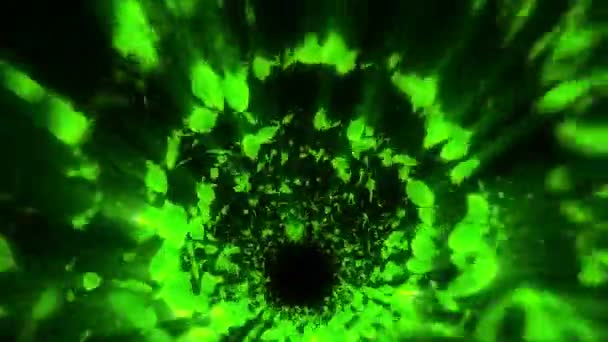 緑の葉からの渦 季節の葉のスパイラル光沢のある粒子 ダンスリーフ カラフルな自然のトンネルループアニメーション — ストック動画