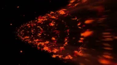Renkli akçaağaç ve yaprakları Vortex. Sonbahar yaprakları sarmal parlak parçacık. Dans eden yaprak. Renkli doğa tüneli döngü animasyonu.