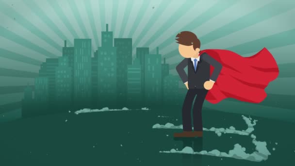 Superhero Standing City Background Cloud Dust Business Symbol Leadership Achievement — Stock Video