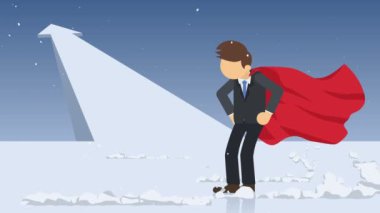 Ok grafiği yukarı. Bir toz bulutunun yanında duran süper kahraman. İş sembolü. Liderlik ve Challenge kavramı. Komik döngü animasyon.