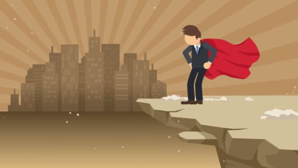 Superhero üzletember állva szikla készen áll a kihívásra. Üzleti szimbólum. Challenge és a siker koncepciója. Képregény animáció.