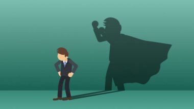 Süper kahraman şehir arka planda duruyor. Bir toz bulutunun yanında. İş sembolü. Liderlik ve Başarı kavramı. Komik döngü animasyon.