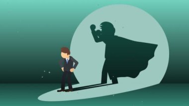 Süper kahraman şehir arka planda duruyor. Bir toz bulutunun yanında. İş sembolü. Liderlik ve Başarı kavramı. Komik döngü animasyon.