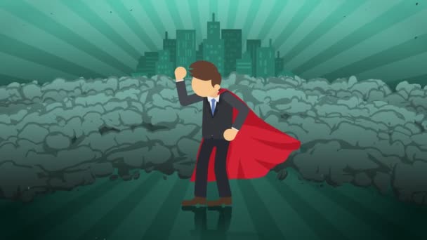 Superhero Standing City Background Cloud Dust Business Symbol Leadership Achievement — Stock Video