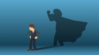 Süper kahraman şehir arka planda duruyor. Bir toz bulutunun yanında. İş sembolü. Liderlik ve Başarı kavramı. Komik döngü animasyon.