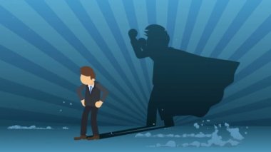 Süper kahraman şehir arka planda duruyor. Bir toz bulutunun yanında. İş sembolü. Liderlik ve Başarı kavramı. Komik döngü animasyon.