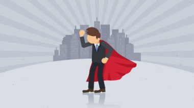 Süper kahraman şehir arka planda duruyor. Toz dansı. İş sembolü. Liderlik ve Başarı kavramı. Komik döngü animasyon.