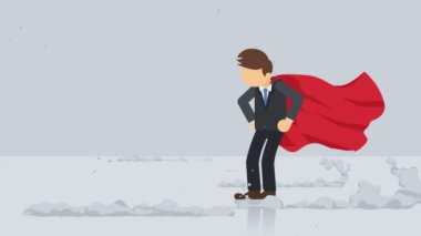 Bir toz bulutunun yanında duran süper kahraman. İş sembolü. Liderlik ve Challenge kavramı. Komik döngü animasyon.
