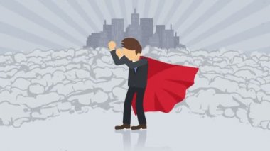 Süper kahraman şehir arka planda duruyor. Bir toz bulutunun yanında. İş sembolü. Liderlik ve Başarı kavramı. Komik döngü animasyon.