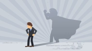 Süper kahraman gölgesi ile duran işadamı. İş sembolü. Kazanan ve Challenge kavramı. Komik döngü animasyon.