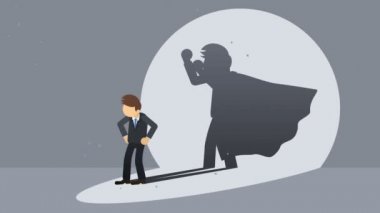 Süper kahraman gölgesi ile duran işadamı. İş sembolü. Kazanan ve Challenge kavramı. Komik döngü animasyon.