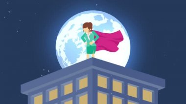 Ay ışığı şehrinde süper kahraman. Gökdelenin üzerinde duruyor. İş kadını sembolü. Liderlik ve Challenge kavramı. Komik döngü animasyon.