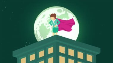 Ay ışığı şehrinde süper kahraman. Gökdelenin üzerinde duruyor. İş kadını sembolü. Liderlik ve Challenge kavramı. Komik döngü animasyon.