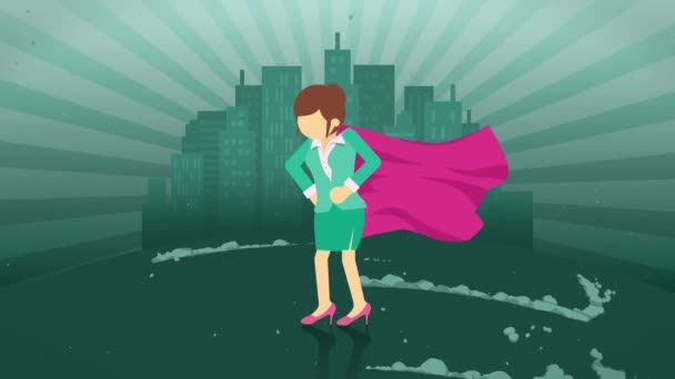 Superbohater Stojący Tle Miasta Pobliżu Chmury Pyłu Symbol Kobiety Biznesu — Wideo stockowe