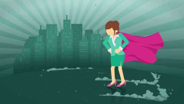Супергерой Стоит Городском Фоне Рядом Облаком Пыли Символ Деловой Женщины — стоковое видео
