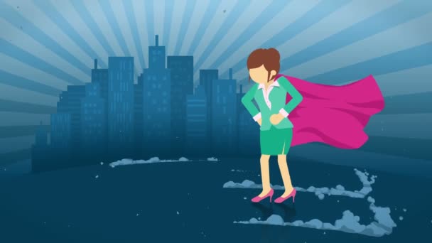 Супергерой Стоит Городском Фоне Рядом Облаком Пыли Символ Деловой Женщины — стоковое видео