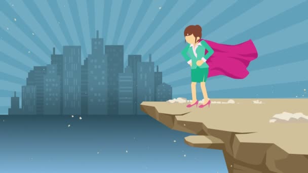 Süper Kahraman Kadını Meydan Okumaya Hazır Uçurumda Duruyor Sembolü Challenge — Stok video