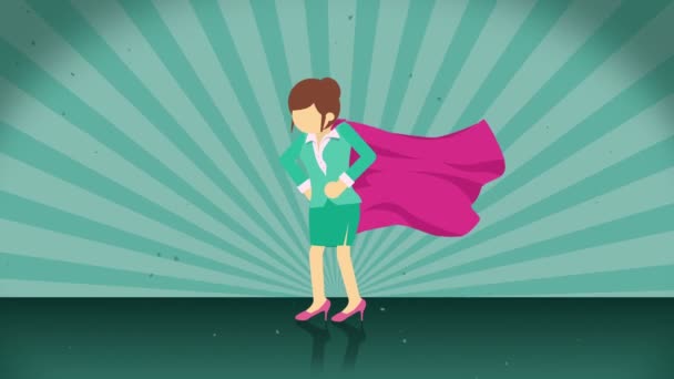 Superhero Standing Sunburst Background Sun Beam Ray Background Business Woman — Stock Video