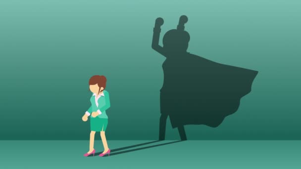 スーパーヒーローの影で立っているビジネスウーマン ビジネス シンボル 勝者と挑戦の概念 コミックループアニメーション — ストック動画